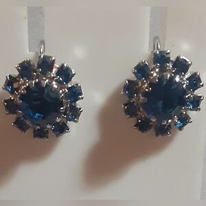 c1950 Judy Lee Royal Blue Crystal Daisy Shaped Clipper Earrings ~ Mint![